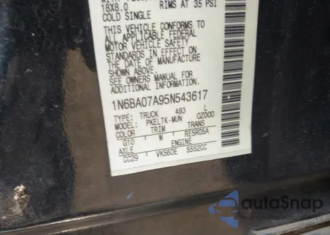 2005 Nissan Titan Se z USA, uszkodzony, nr VIN 1N6BA07A95N543617